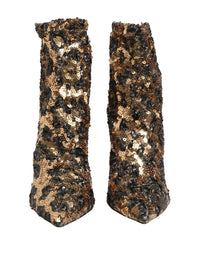 Dolce & Gabbana Gold Leopard Sequin Sock Ankle Boots Women's Shoes