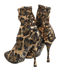 Dolce & Gabbana Gold Leopard Sequin Sock Ankle Boots Women's Shoes