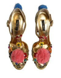 Dolce & Gabbana Gold Fur Trim Glitter T-strap Sandals Women's Shoes