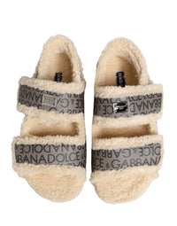 Dolce & Gabbana Dolce & Gabbana Beige Faux Fur Logo Print Flats Sandals Men's Shoes