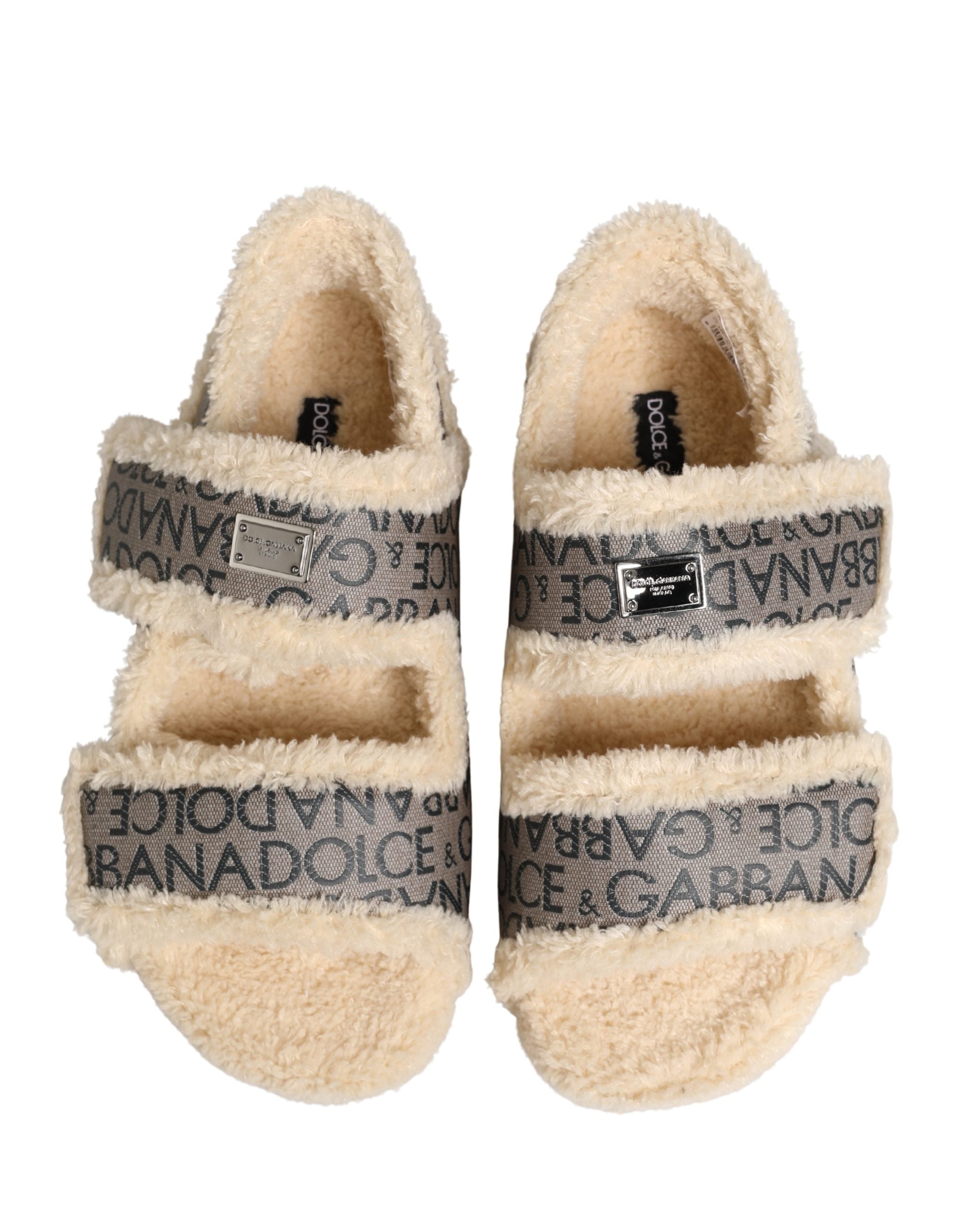 Dolce & Gabbana Dolce & Gabbana Beige Faux Fur Logo Print Flats Sandals Men's Shoes