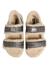 Dolce & Gabbana Dolce & Gabbana Beige Faux Fur Logo Print Flats Sandals Men's Shoes
