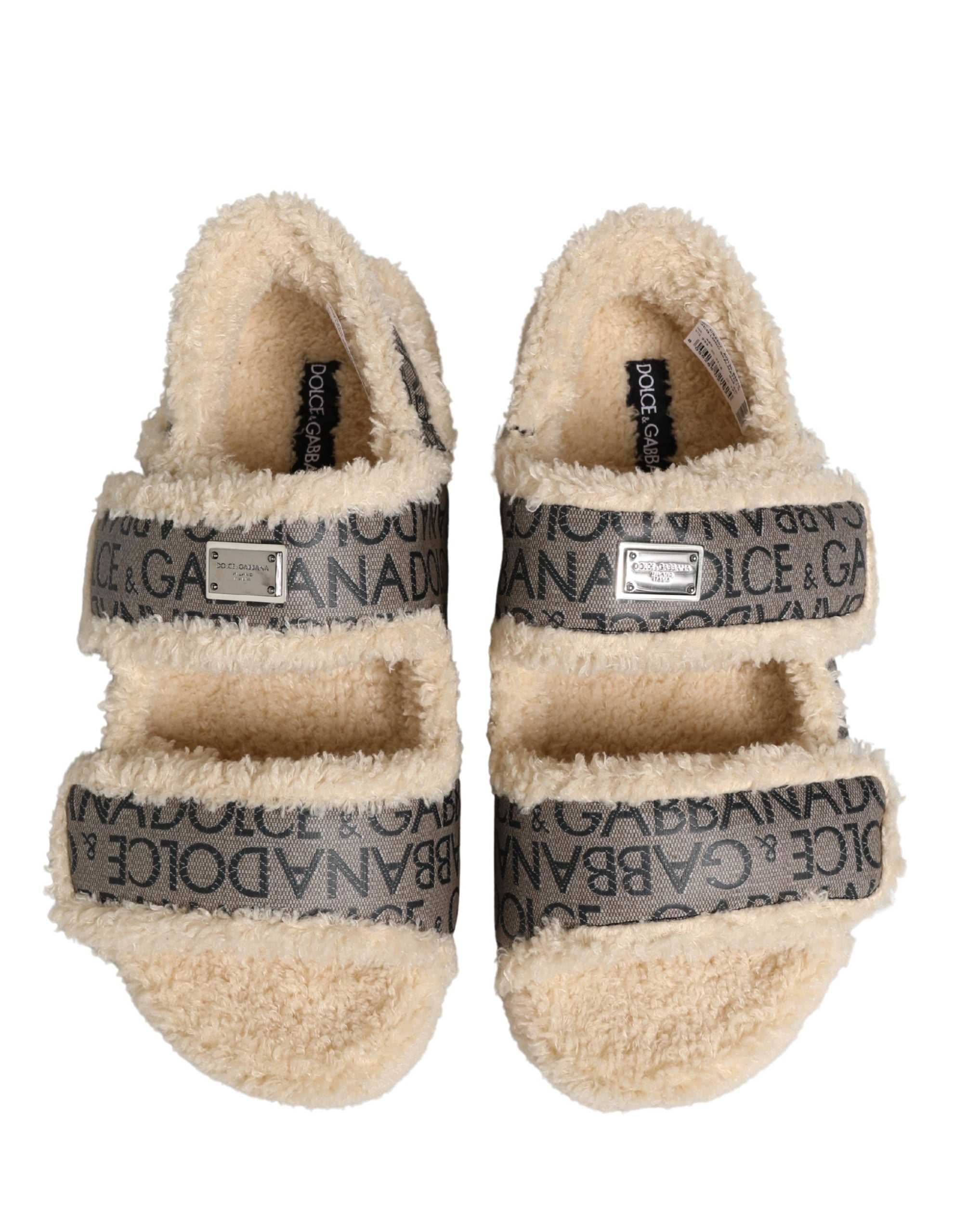 Dolce & Gabbana Dolce & Gabbana Beige Faux Fur Logo Print Flats Sandals Men's Shoes