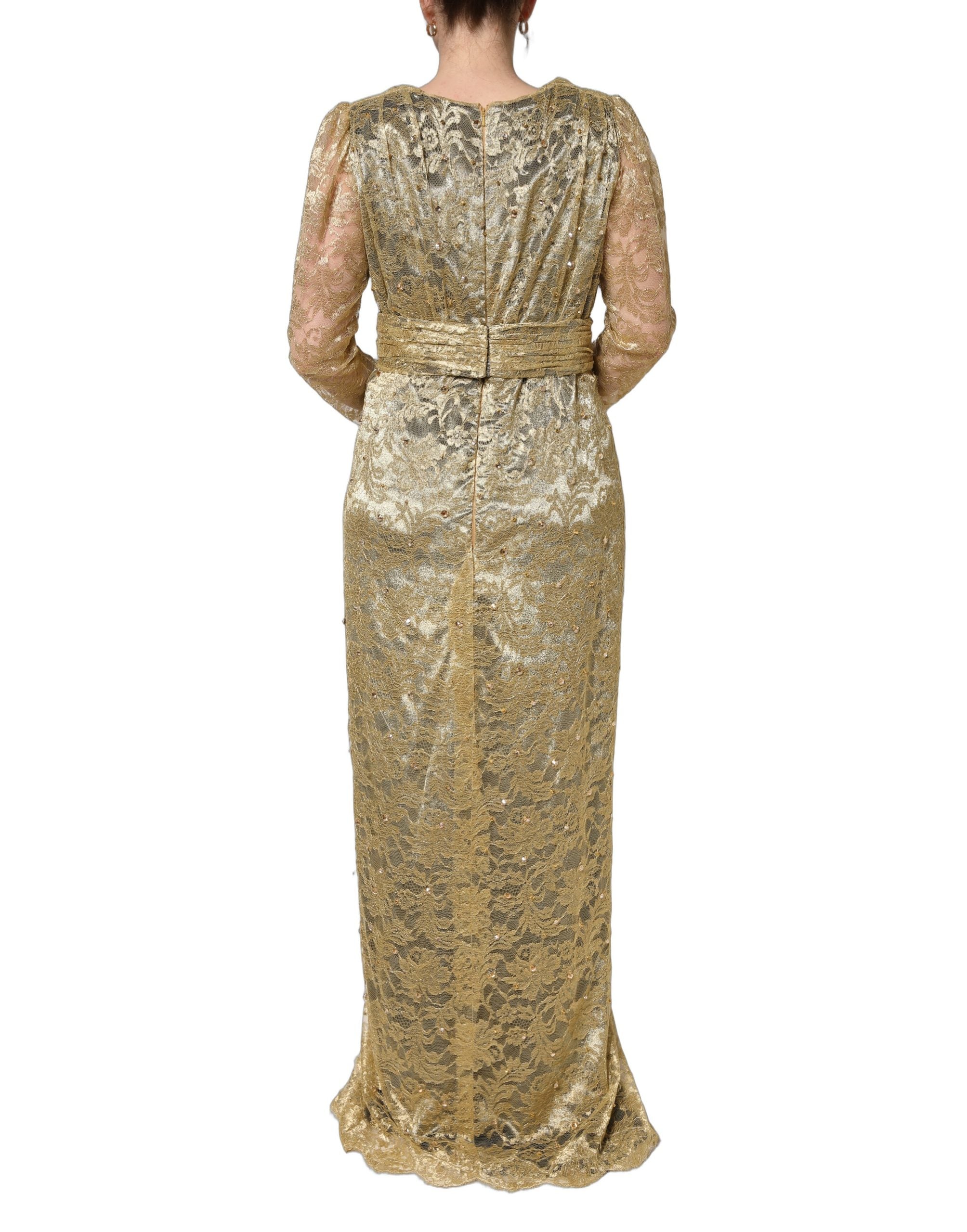 Dolce & Gabbana Gold Sheer Lace Crystal Embellished Women's Dress