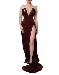 Dolce & Gabbana Maroon Embellished Vneck Evening Gown Women's Dress