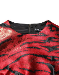 Dolce & Gabbana Red Black Tiger Print Jacquard Flared Women's Dress