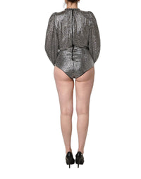 Dolce & Gabbana Silver Rhinestones Long Sleeves Bodysuit Mini Women's Dress