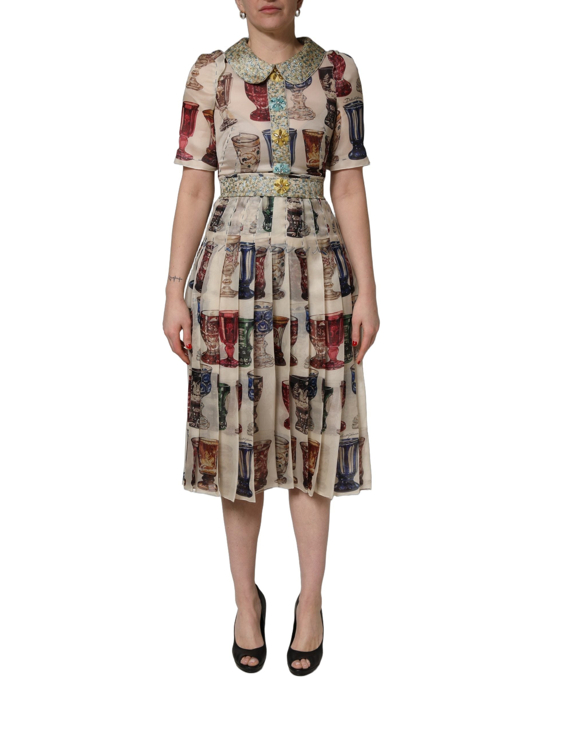 Dolce & Gabbana Multicolor Vintage Glassware Midi Women's Dress