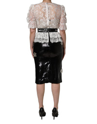 Dolce & Gabbana White Lace Top Embellished Black Skirt Women's Dress