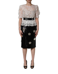 Dolce & Gabbana White Lace Top Embellished Black Skirt Women's Dress