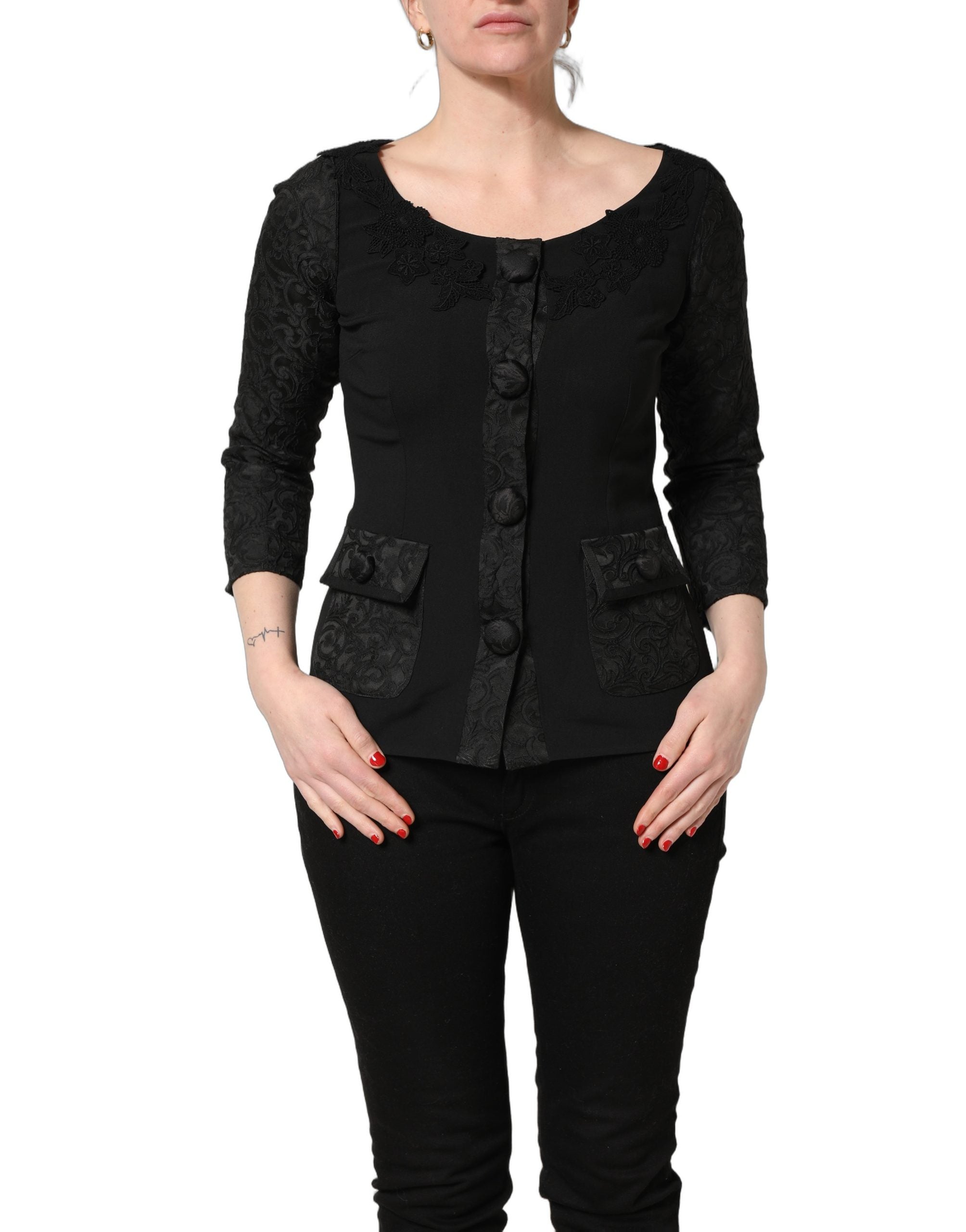 Dolce & Gabbana Dolce & Gabbana Black Button Fastening Lace Trimmed Blazer Women's Jacket