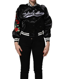 Dolce & Gabbana Dolce & Gabbana Black Satin Floral Embroidery Bomber Women's Jacket