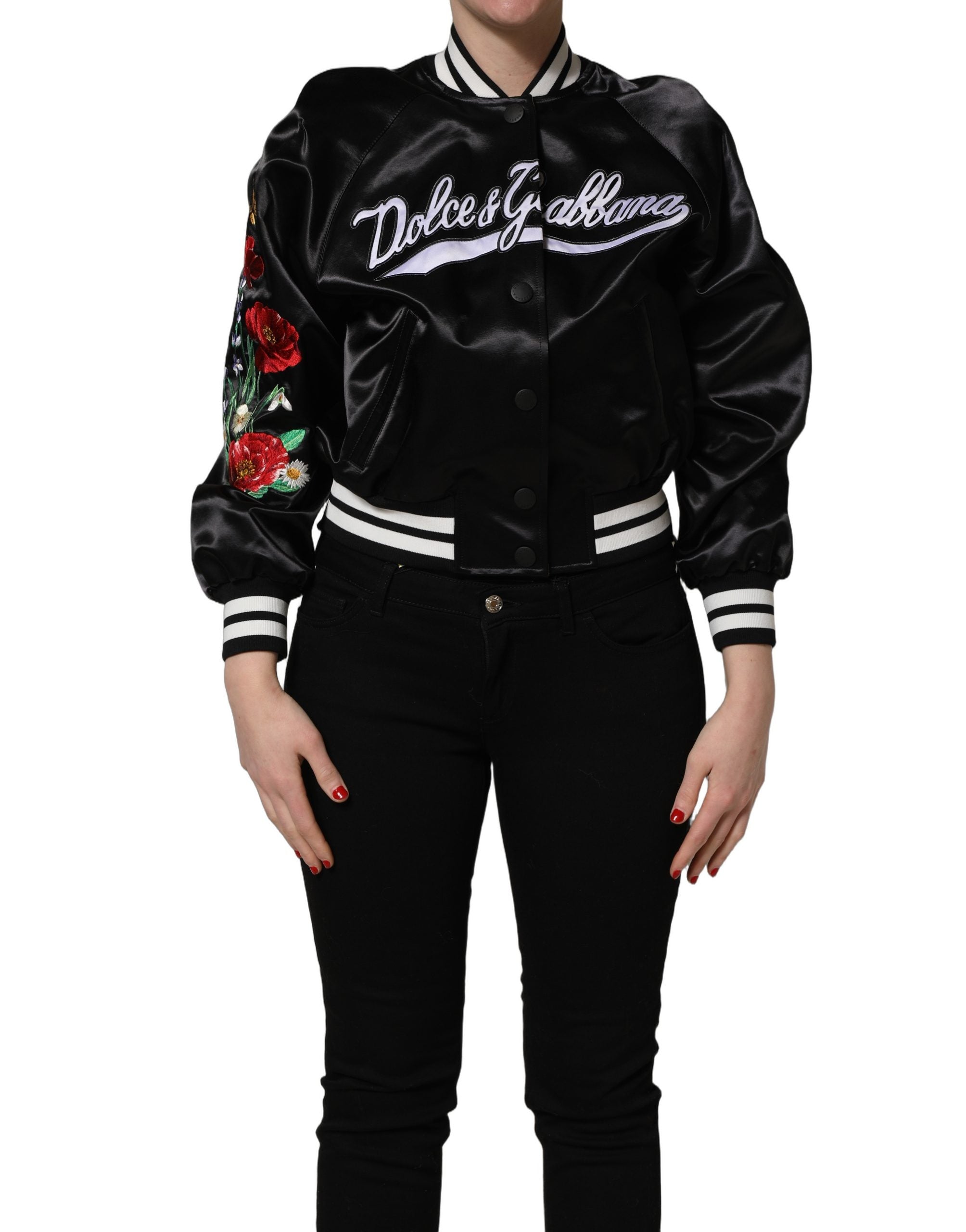 Dolce & Gabbana Dolce & Gabbana Black Satin Floral Embroidery Bomber Women's Jacket