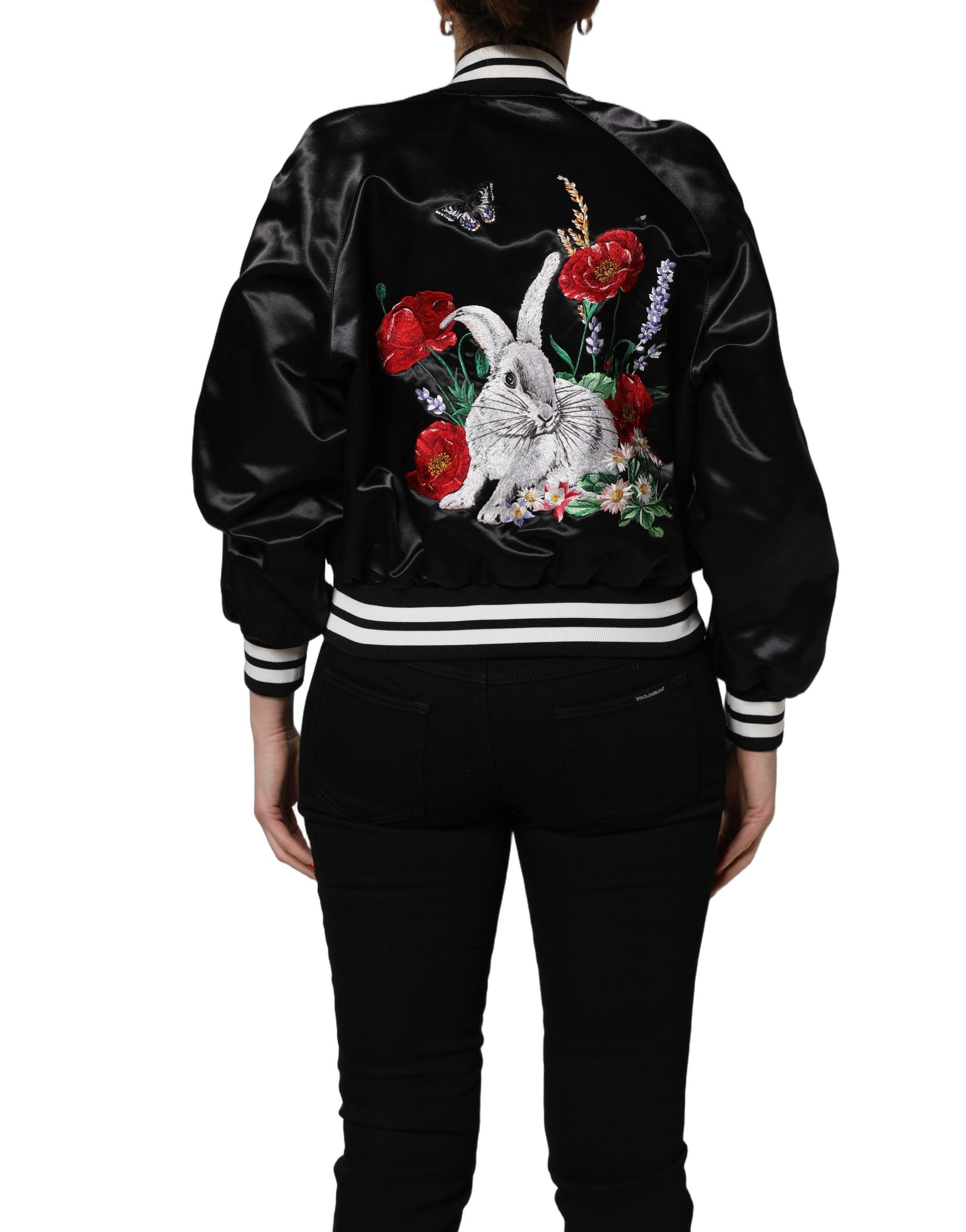 Dolce & Gabbana Dolce & Gabbana Black Satin Floral Embroidery Bomber Women's Jacket