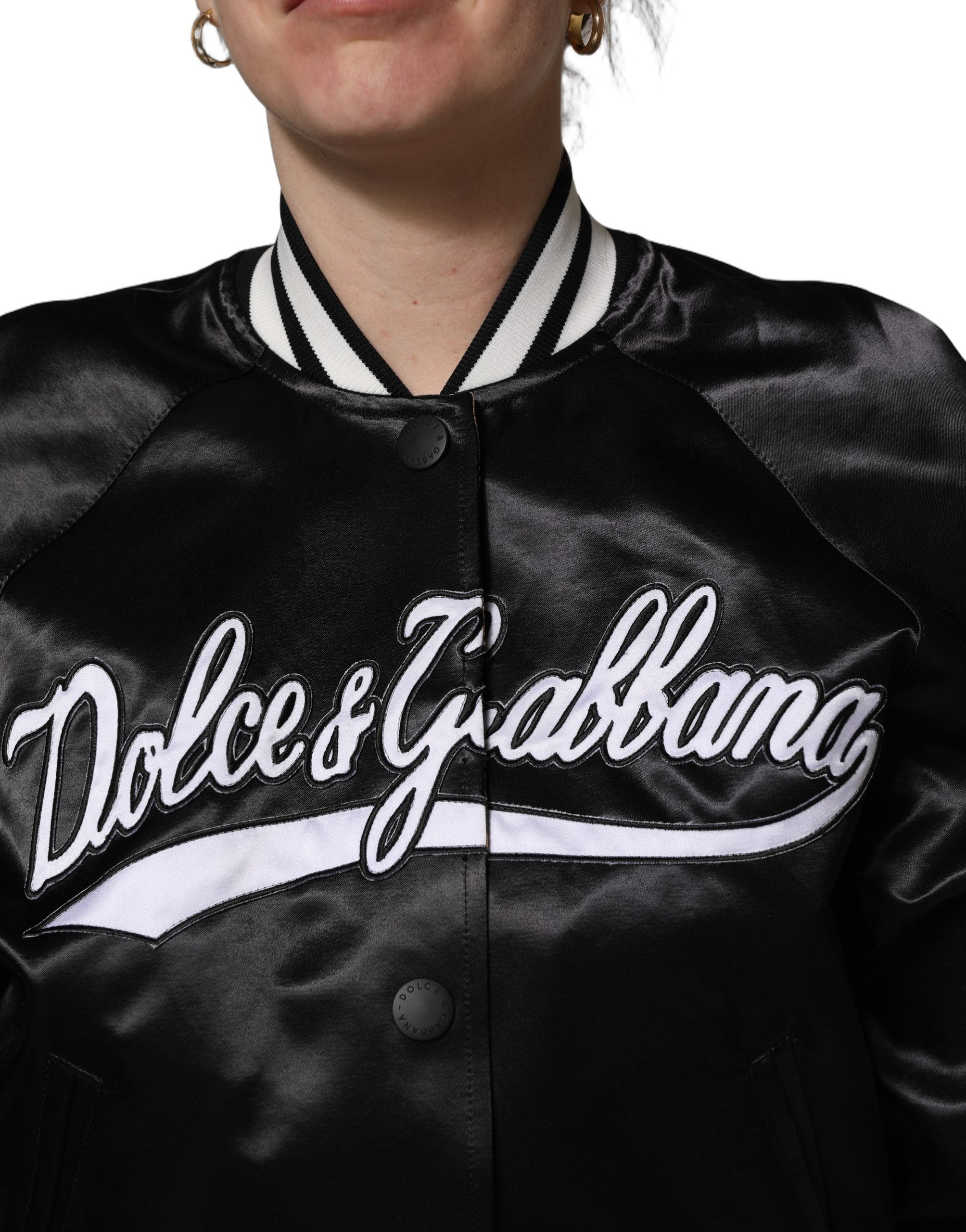 Dolce & Gabbana Dolce & Gabbana Black Satin Floral Embroidery Bomber Women's Jacket