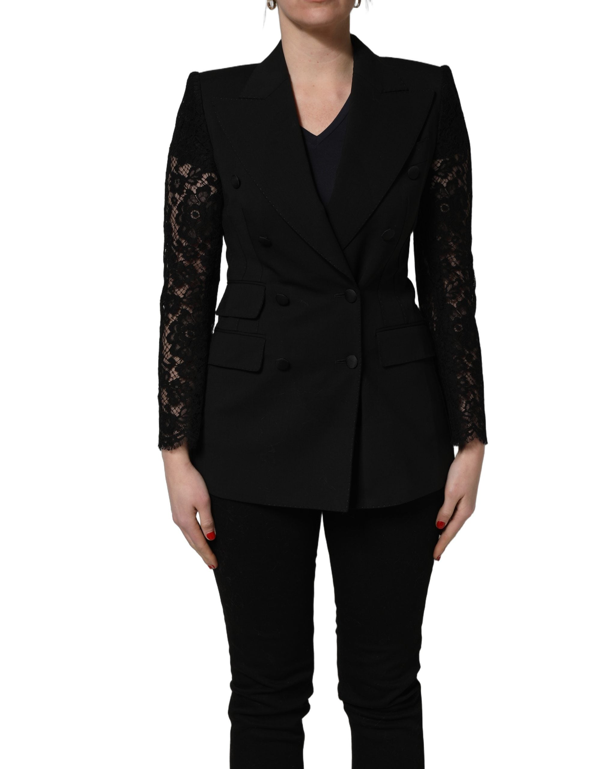 Dolce & Gabbana Dolce & Gabbana Black Wool DoubleBreasted Lace Sleeve Women's Jacket