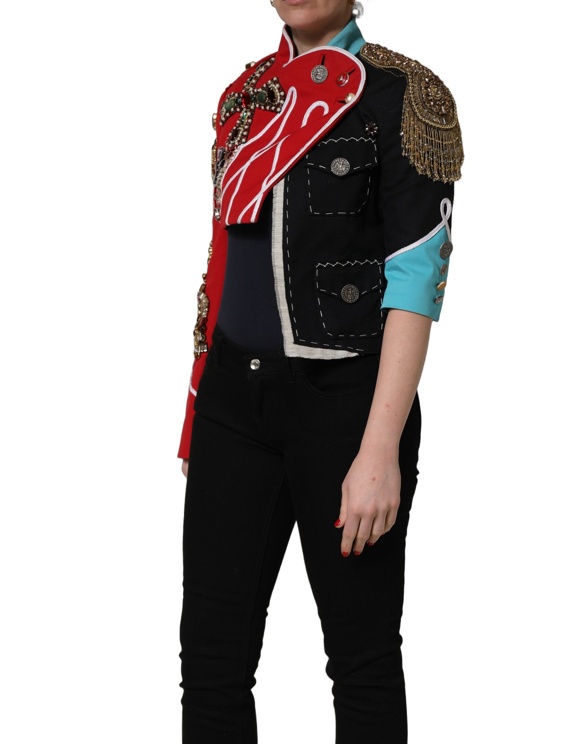 Dolce & Gabbana Dolce & Gabbana Multicolor Asymmetrical Ornate Jewel Cropped Women's Jacket