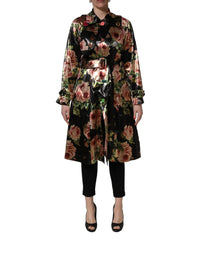 Dolce & Gabbana Black Floral Belted Polyester Trench Coat Women's Jacket