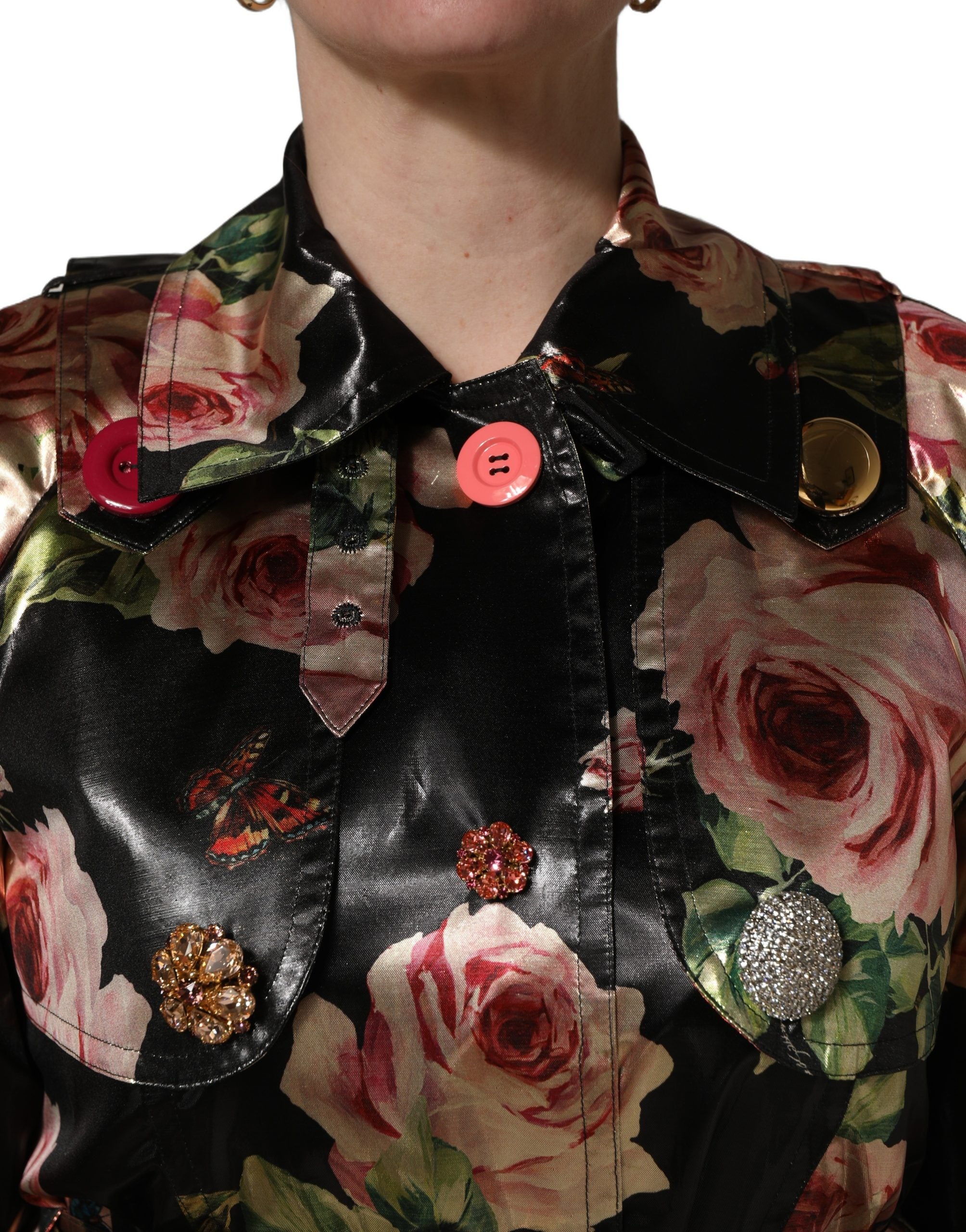✨DOLCE&GABBANA 裏地花柄 レザー切替 マキシ丈 ロングコート 42 Dolce & Gabbana Black Floral Belted Polyester Trench Coat Women's