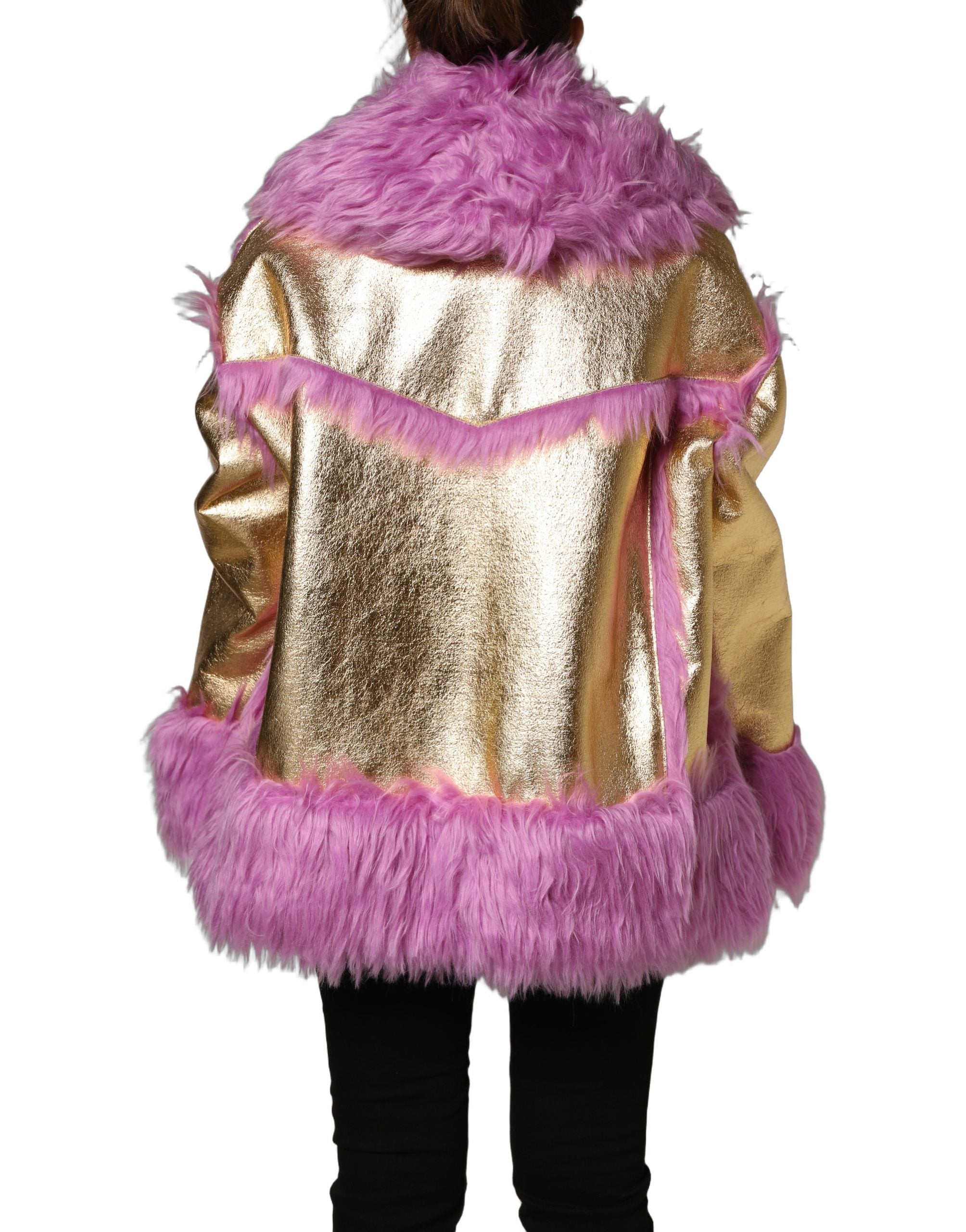 Dolce & Gabbana Dolce & Gabbana Pink Plush Faux Fur Gold Leather Coat Women's Jacket