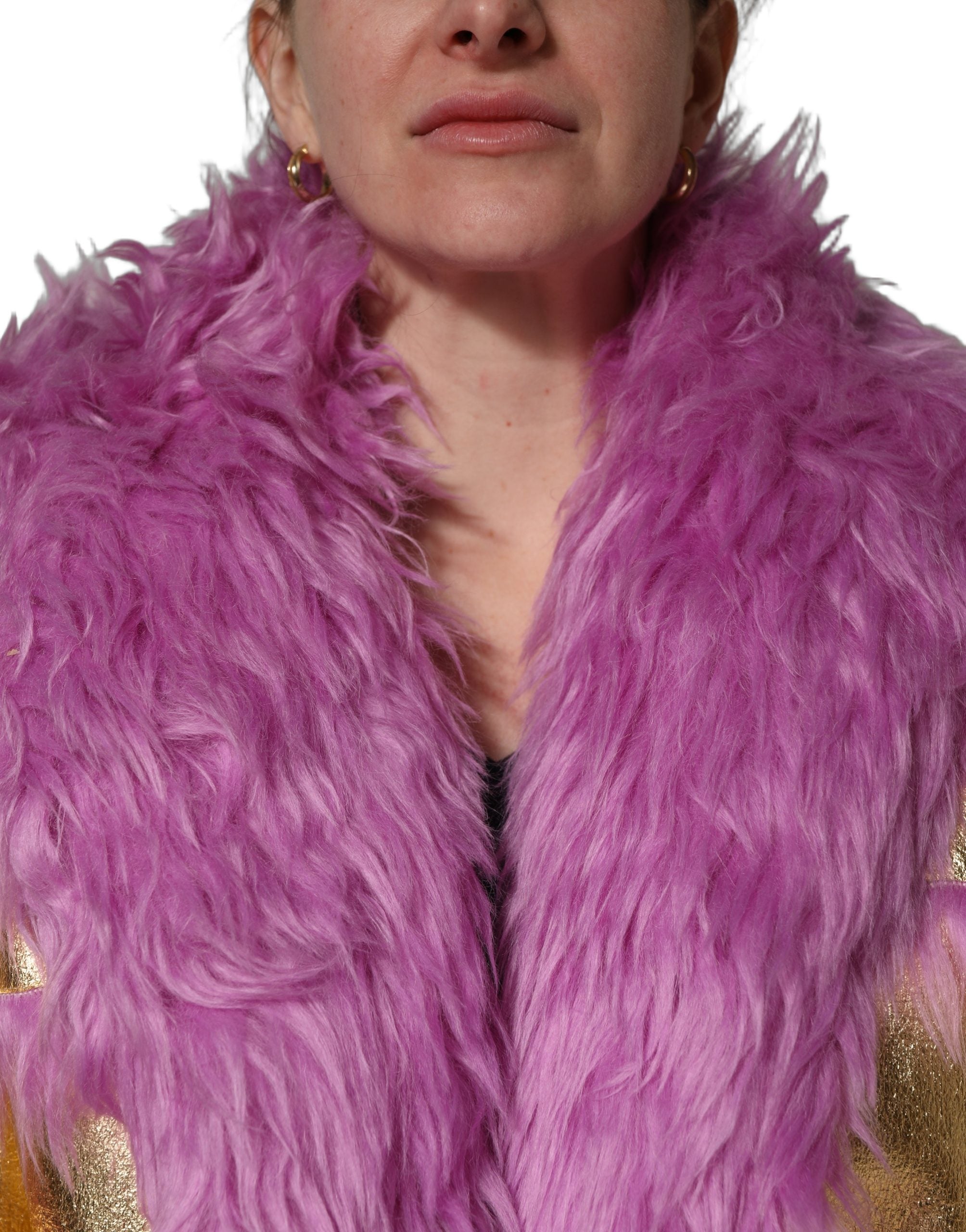Dolce & Gabbana Dolce & Gabbana Pink Plush Faux Fur Gold Leather Coat Women's Jacket