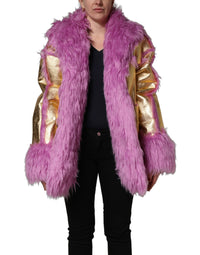 Dolce & Gabbana Dolce & Gabbana Pink Plush Faux Fur Gold Leather Coat Women's Jacket