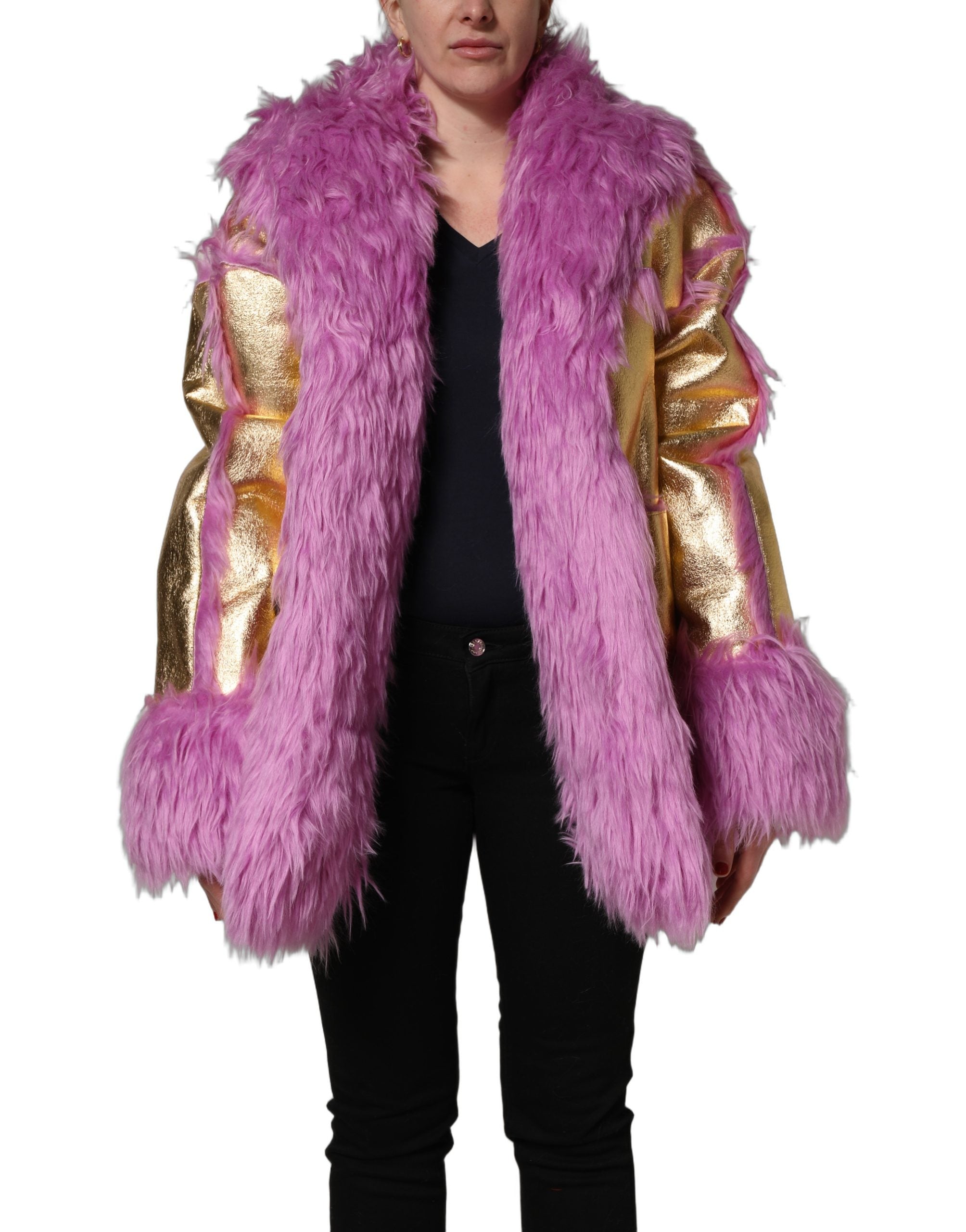Dolce & Gabbana Dolce & Gabbana Pink Plush Faux Fur Gold Leather Coat Women's Jacket