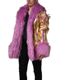 Dolce & Gabbana Dolce & Gabbana Pink Plush Faux Fur Gold Leather Coat Women's Jacket