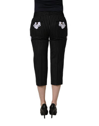 Dolce & Gabbana Black Lace Applique Pinstripe Cropped Women's Pants