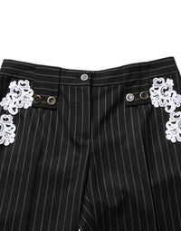 Dolce & Gabbana Black Lace Applique Pinstripe Cropped Women's Pants