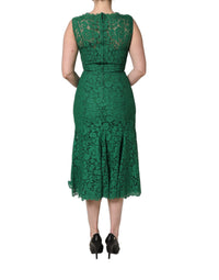 Dolce & Gabbana Green Floral Lace Cotton Sleeveless Midi Women's Dress