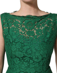 Dolce & Gabbana Green Floral Lace Cotton Sleeveless Midi Women's Dress