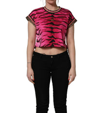 Dolce & Gabbana Pink Zebra Sleeveless Crew Neck Cropped Women's T-shirt