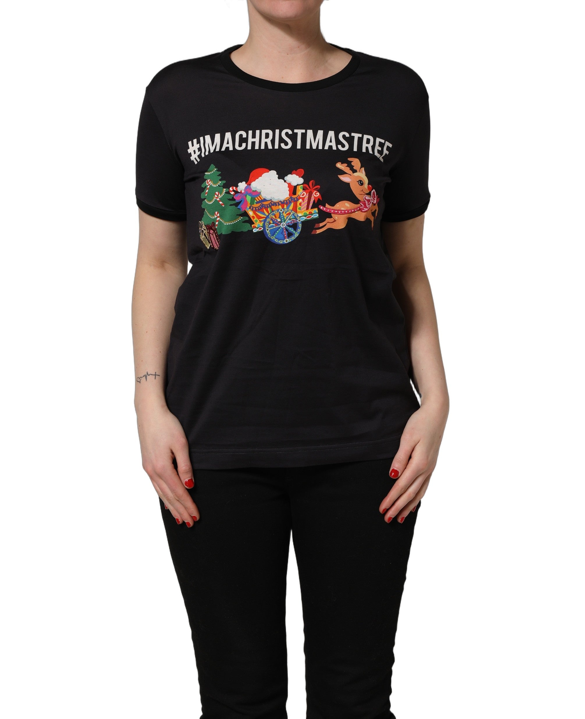 Dolce & Gabbana Dolce & Gabbana Black #IAMACHRISTMASTREE Print Cotton Women's T-shirt
