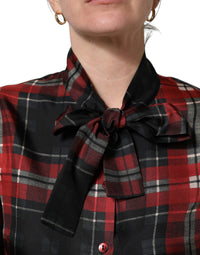 Dolce & Gabbana Red Black Plaid Silk Tie-Neck Blouse Women's Top