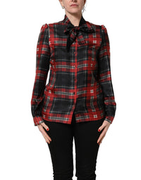 Dolce & Gabbana Red Black Plaid Silk Tie-Neck Blouse Women's Top