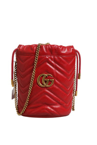 Gucci Red Chevron-quilted Calfskin Leather GG Marmont Bucket Women's Bag (Authentic Pre-Loved)