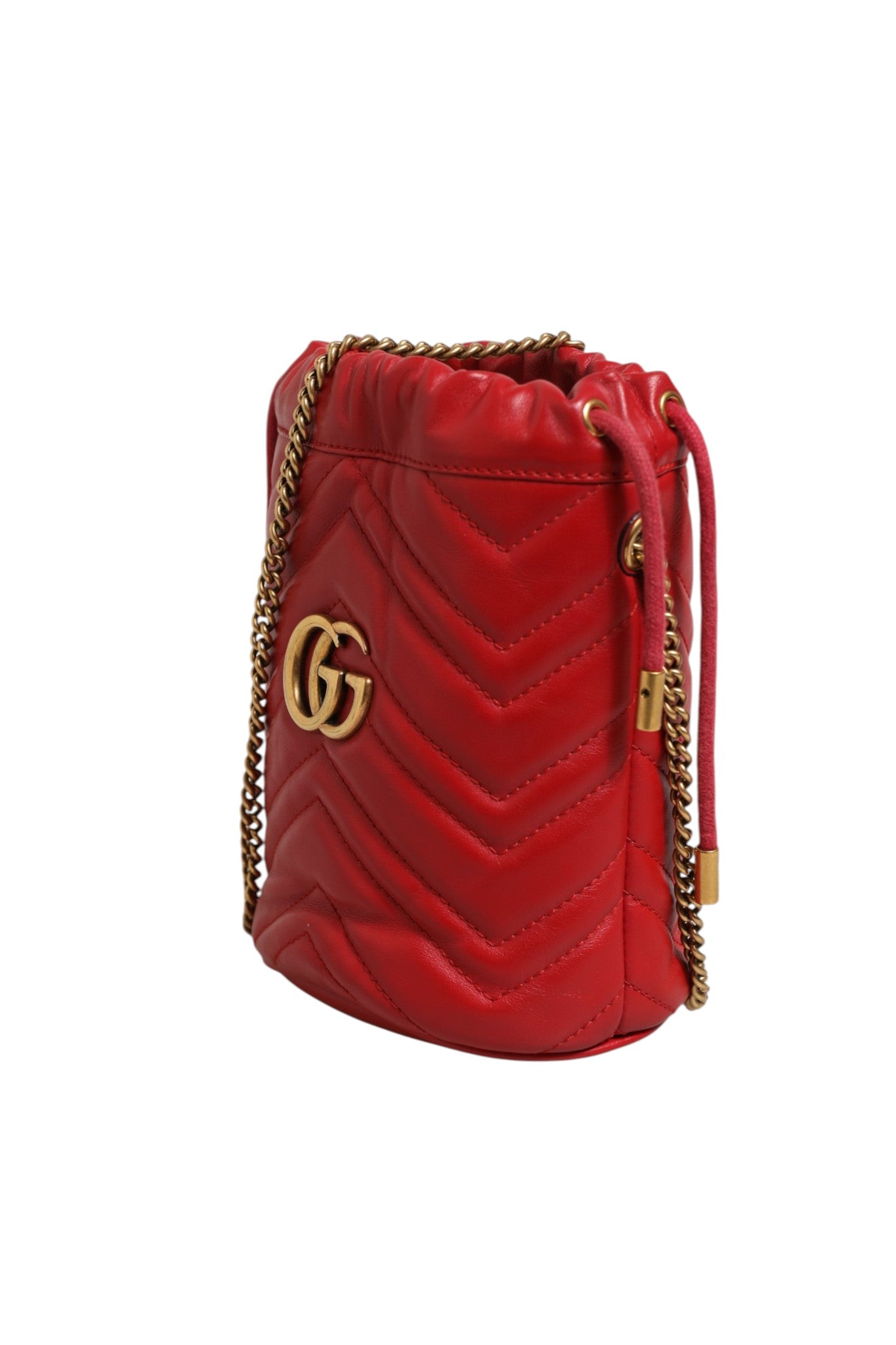 Gucci Red Chevron-quilted Calfskin Leather GG Marmont Bucket Women's Bag (Authentic Pre-Loved)