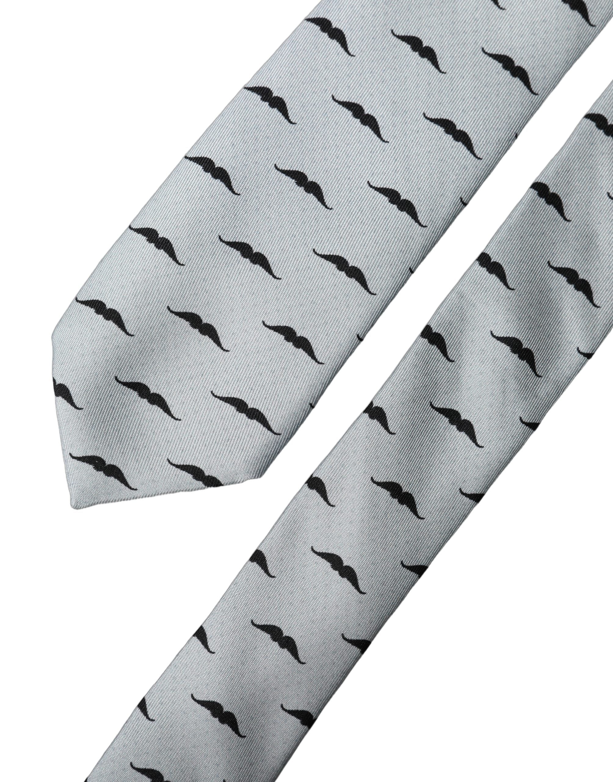 Dolce & Gabbana Dolce & Gabbana Light Gray Mustache Fantasy Silk Adjustable NeckMen's Men's Tie