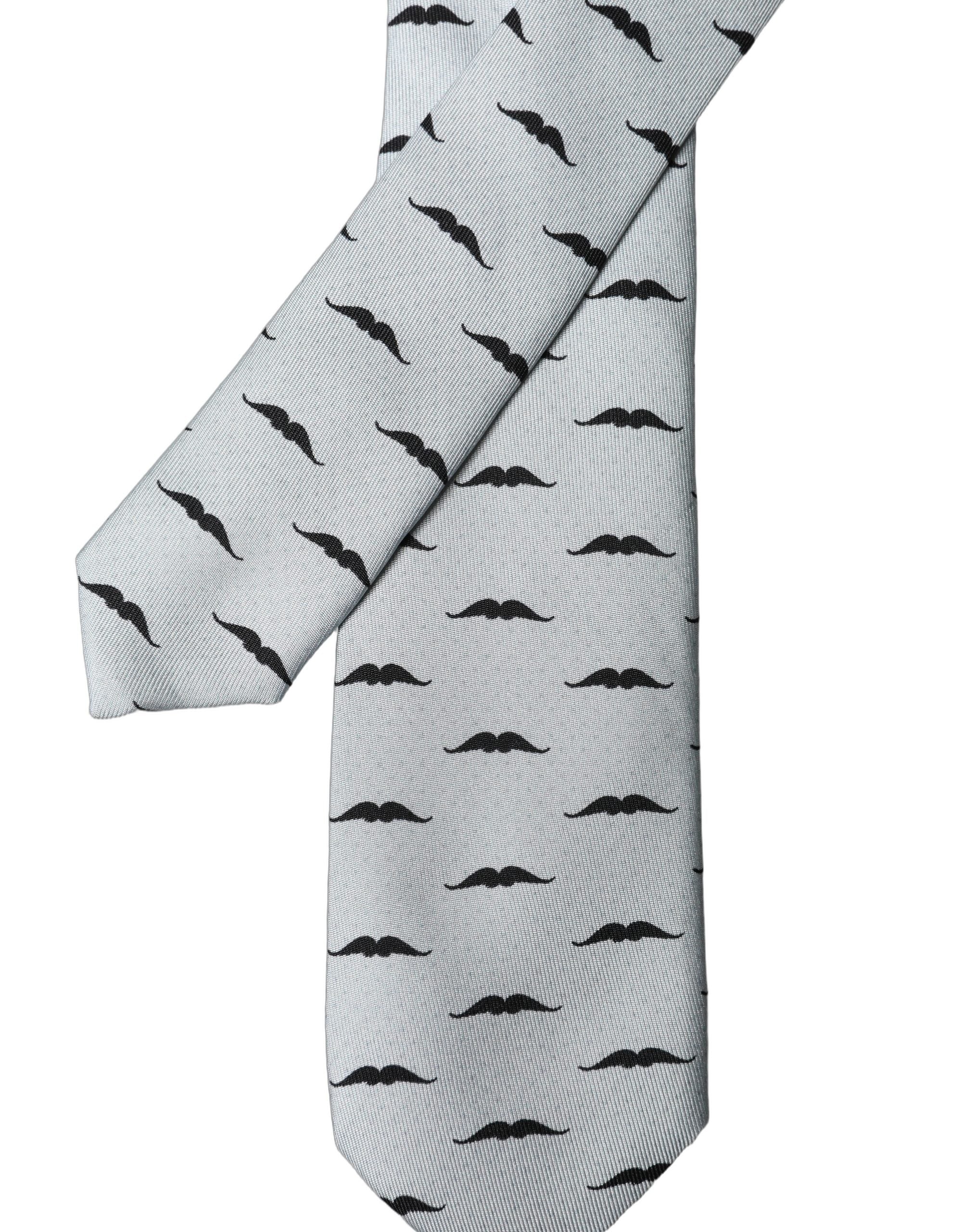 Dolce & Gabbana Dolce & Gabbana Light Gray Mustache Fantasy Silk Adjustable NeckMen's Men's Tie