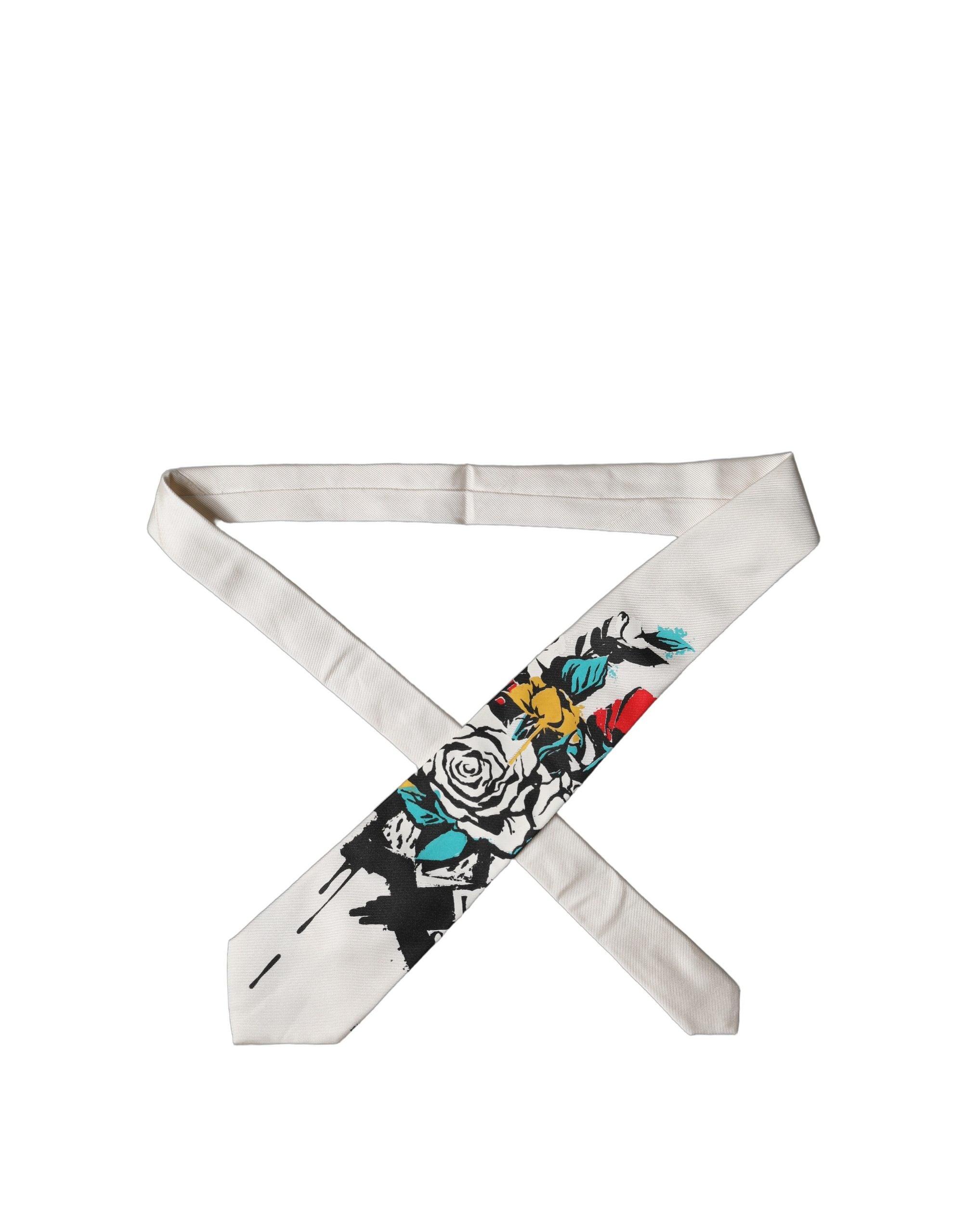 Dolce & Gabbana Dolce & Gabbana White Tattoo Floral Silk Adjustable Men Men'sd NeckMen's Men's Tie