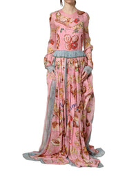 Dolce & Gabbana Light Pink Bread Print Pleated Maxi Women's Dress