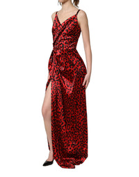 Dolce & Gabbana Red Leopard Draped Sleeveless Maxi Women's Dress