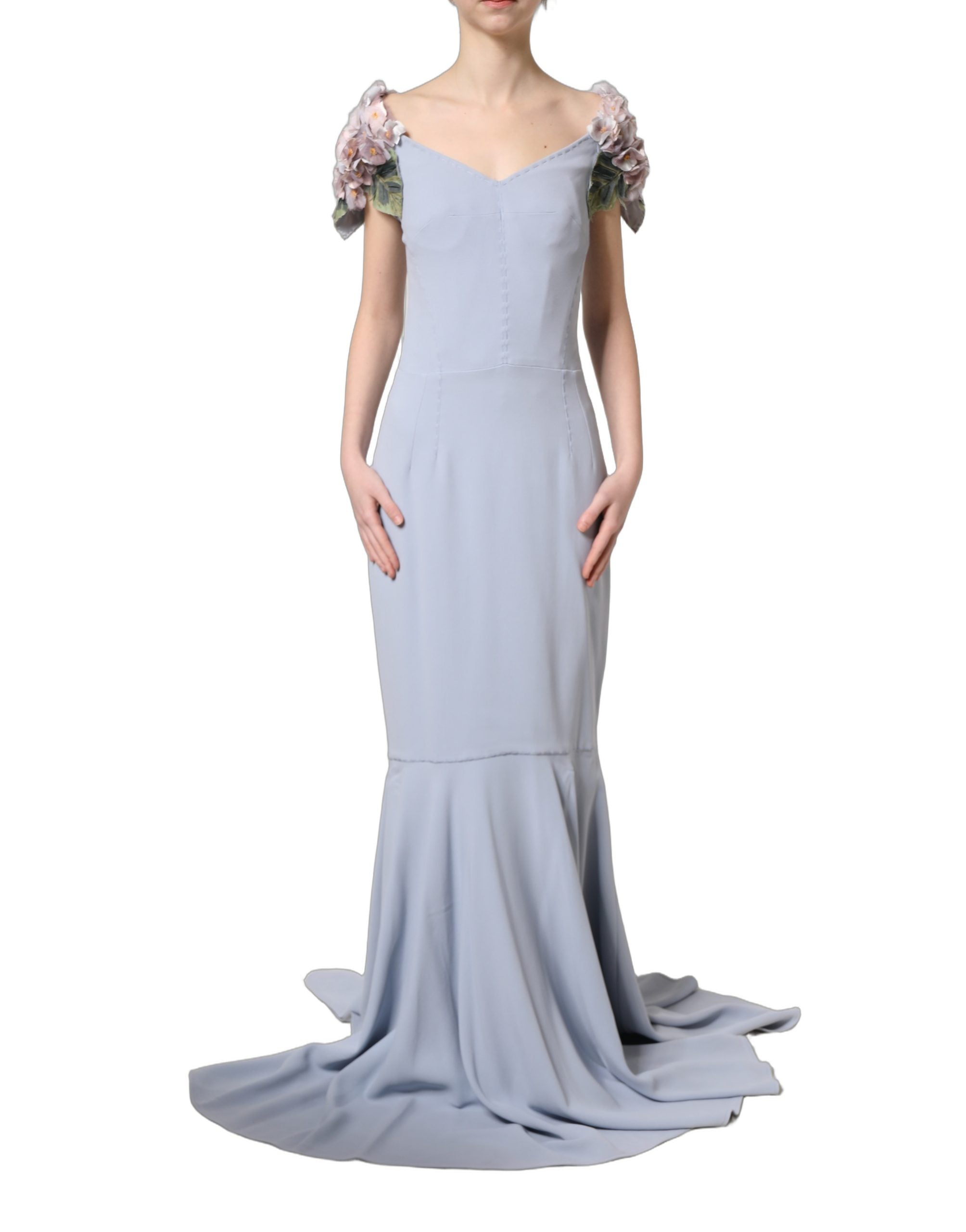 Dolce & Gabbana Light Blue Hydrangea Embellished Cap Sleeve Women's Dress