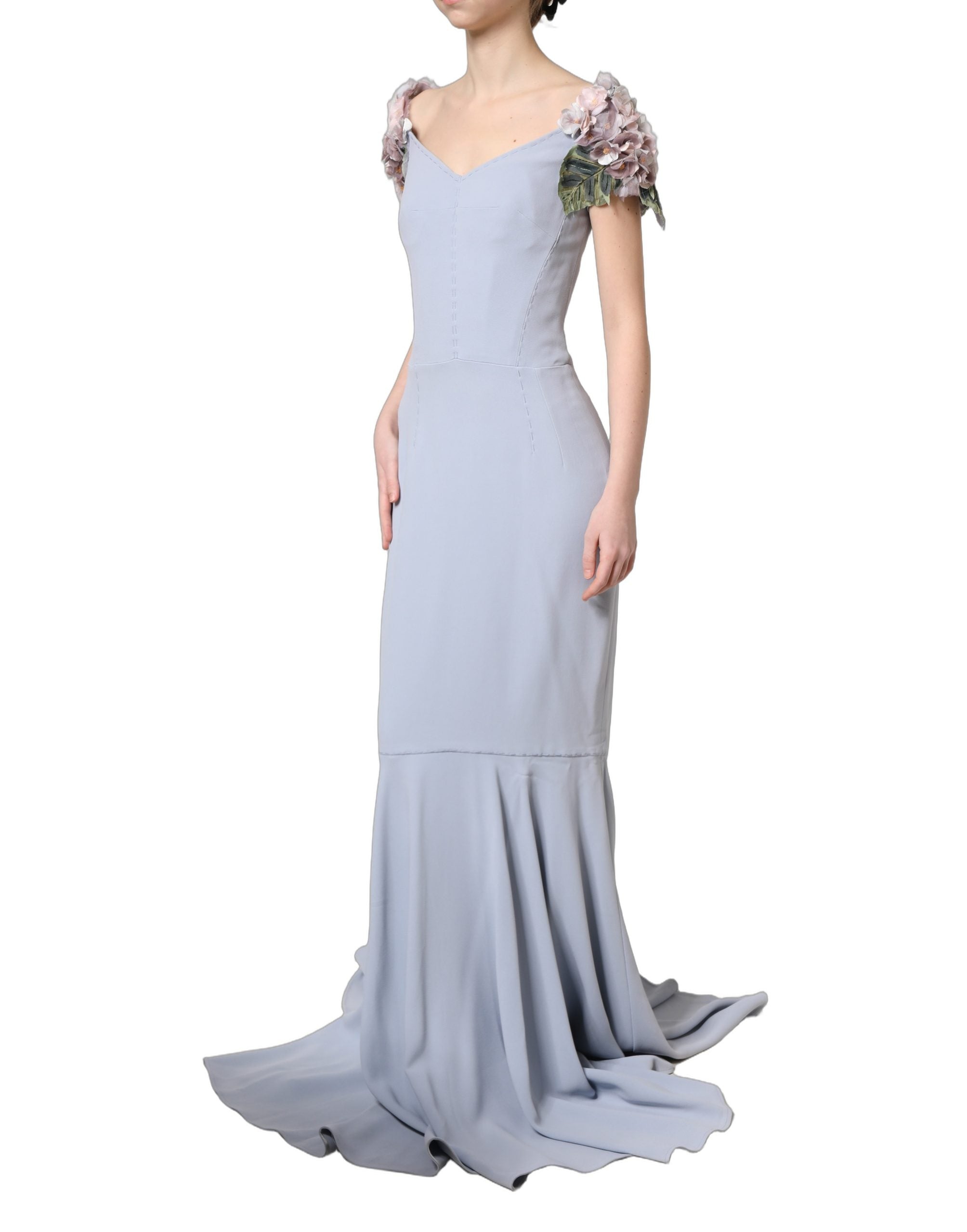Dolce & Gabbana Light Blue Hydrangea Embellished Cap Sleeve Women's Dress