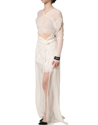 Dolce & Gabbana White Silk Sheer Draped Long Gown Women's Dress