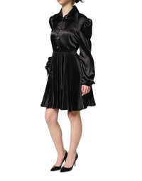 Dolce & Gabbana Black Satin Long Puff Sleeves Pleated Women's Dress