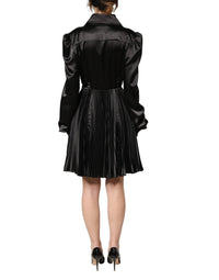 Dolce & Gabbana Black Satin Long Puff Sleeves Pleated Women's Dress