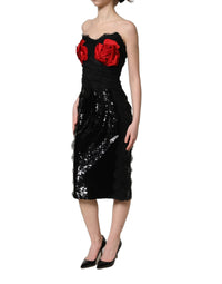 Dolce & Gabbana Black Strapless Red Rose Sequined Midi Women's Dress