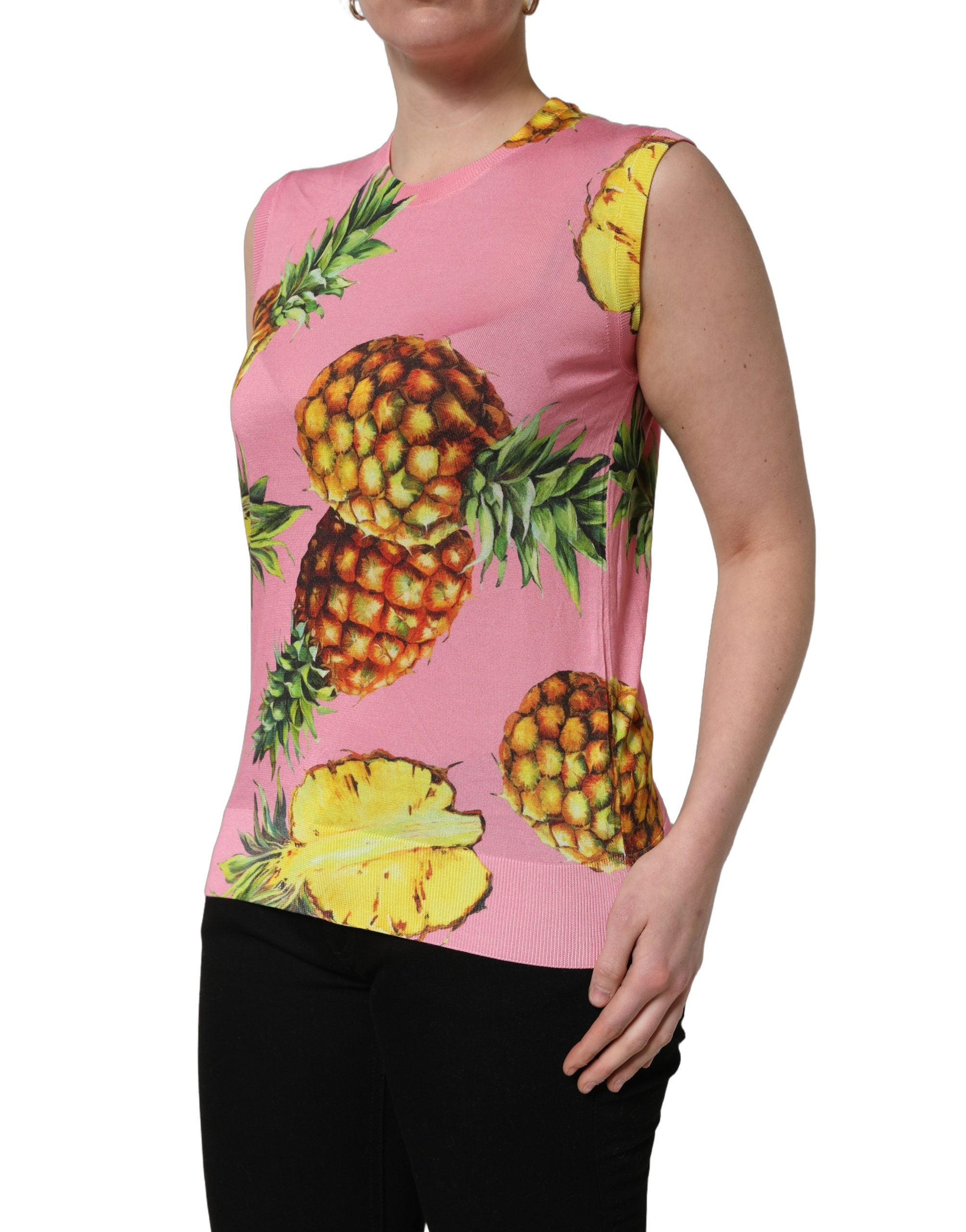 Dolce & Gabbana Pink Pineapple Roundneck Sleeveless Tank Women's Top